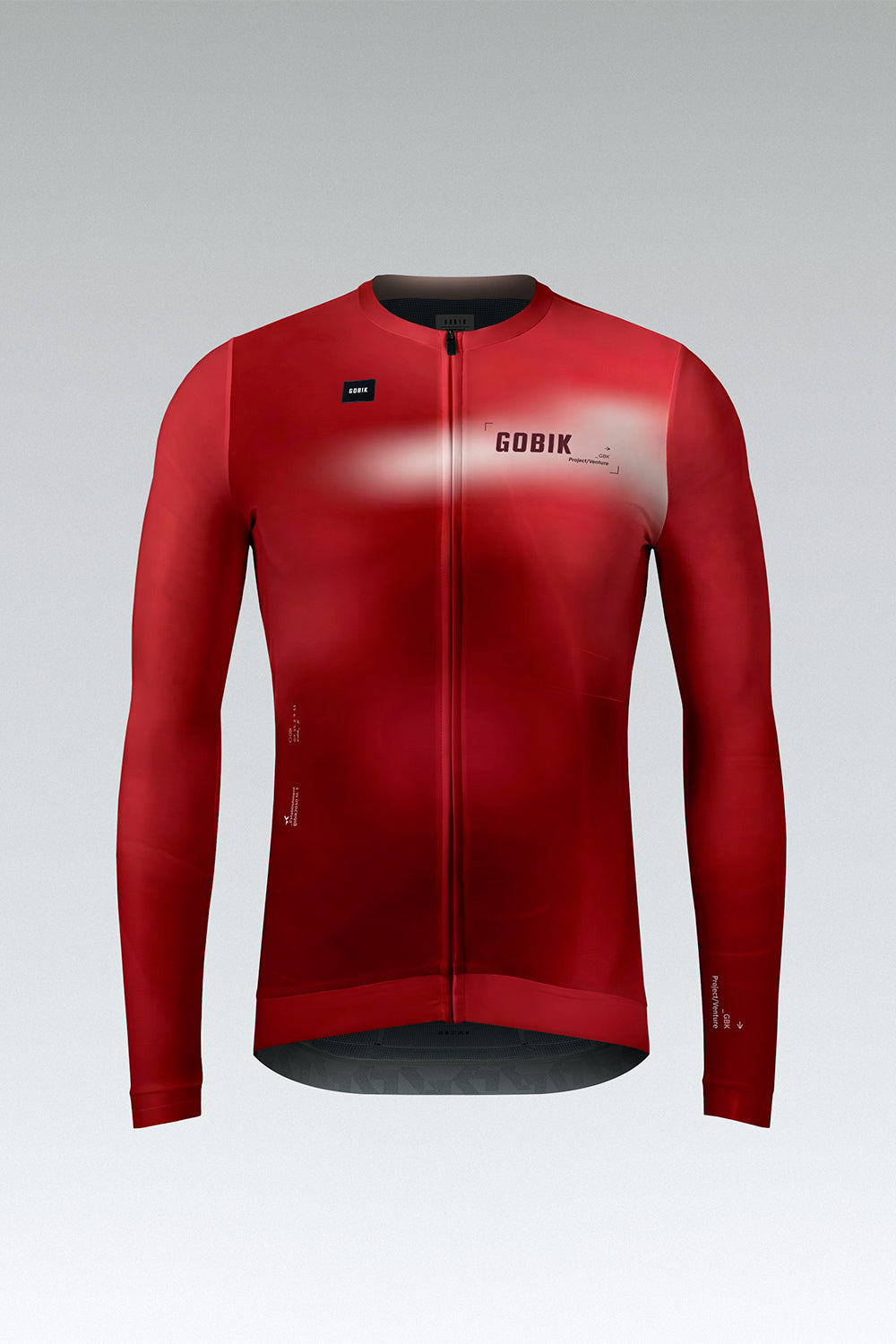 Gobik Vanquish long sleeve cycling jersey front view in bright red colorway on product display