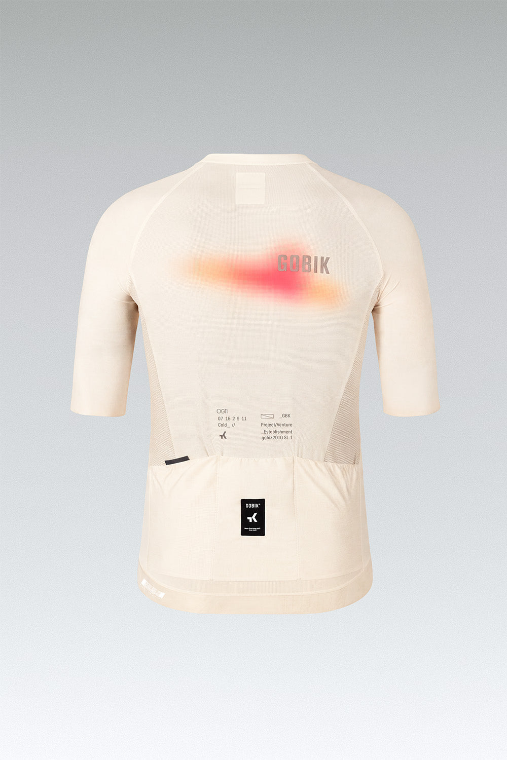 Gobik CX Pro 4.0 short sleeve cycling jersey in almond flat lay rear view showing back pockets and graphic