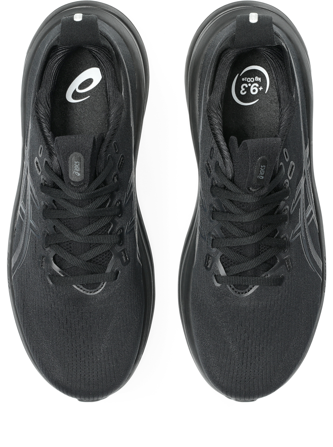 ASICS Gel Nimbus 28 pair of running shoes in black top-down overhead view