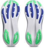ASICS Gel Nimbus 28 outsole view showing AHAR+ rubber and HYBRIDASCISGRIP traction pattern in blue and green