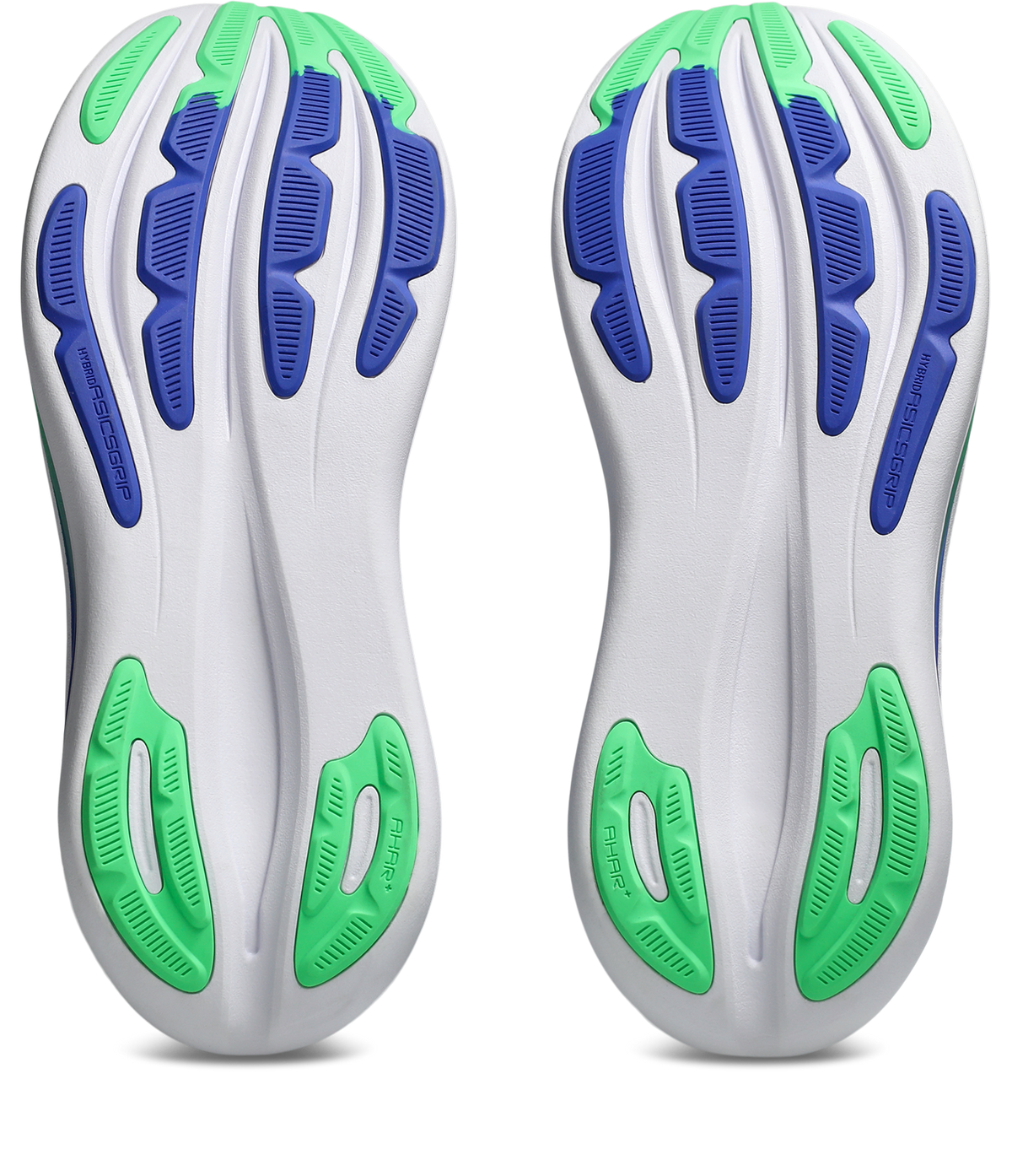 ASICS Gel Nimbus 28 outsole view showing AHAR+ rubber and HYBRIDASCISGRIP traction pattern in blue and green