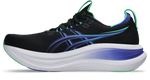 ASICS Gel Nimbus 28 running shoe in black cobalt burst shown from medial side view