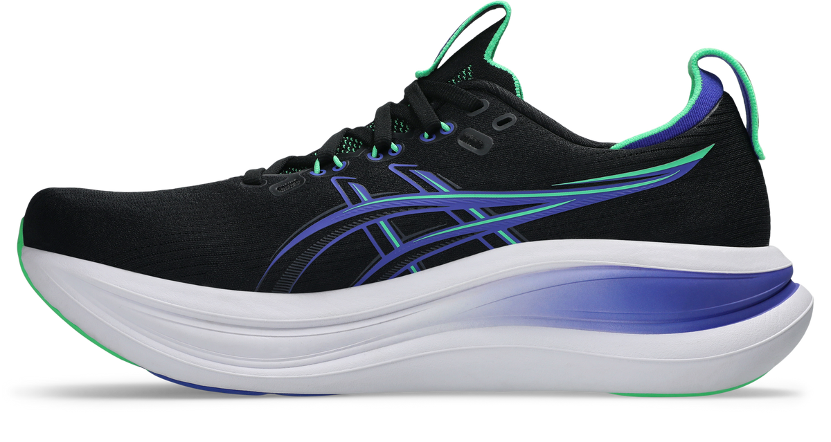 ASICS Gel Nimbus 28 running shoe in black cobalt burst shown from medial side view