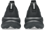 ASICS Gel Nimbus 28 pair of running shoes rear heel view in black colorway