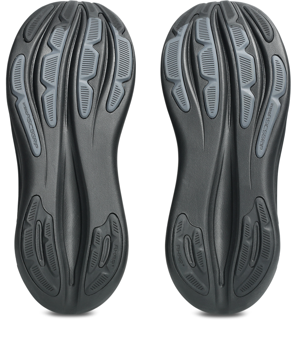 ASICS Gel Nimbus 28 outsole view showing ASICSGRIP rubber traction pattern in dark grey