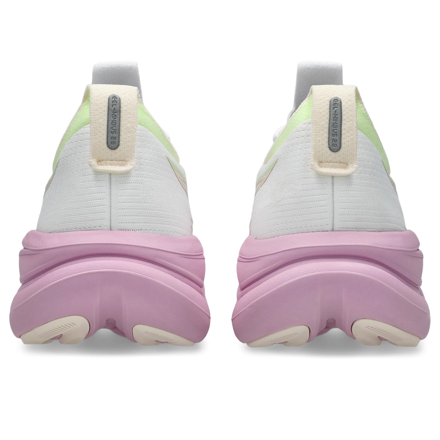 Asics Gel Nimbus 28 running shoes in white with hazy lilac pink sole