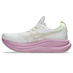ASICS Gel Nimbus 28 running shoe in white with hazy lilac midsole and green accents