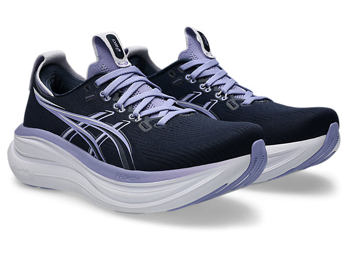 ASICS Gel Nimbus 28 running shoes in midnight navy with bluebell purple accents