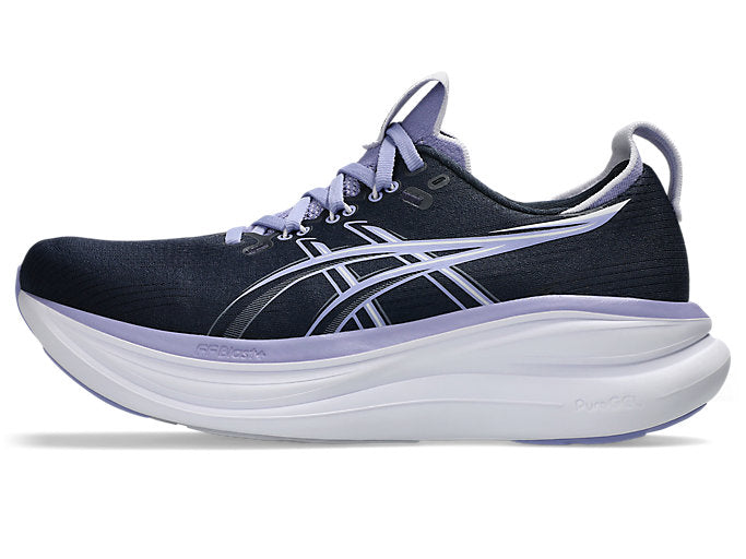 ASICS Gel Nimbus 28 running shoe in midnight navy with bluebell purple accents