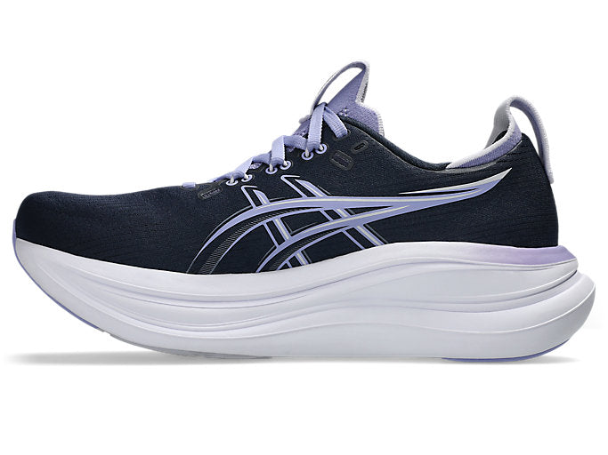ASICS Gel Nimbus 28 running shoe in midnight navy with purple accents
