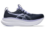 ASICS Gel Nimbus 28 running shoe in midnight navy with bluebell purple accents