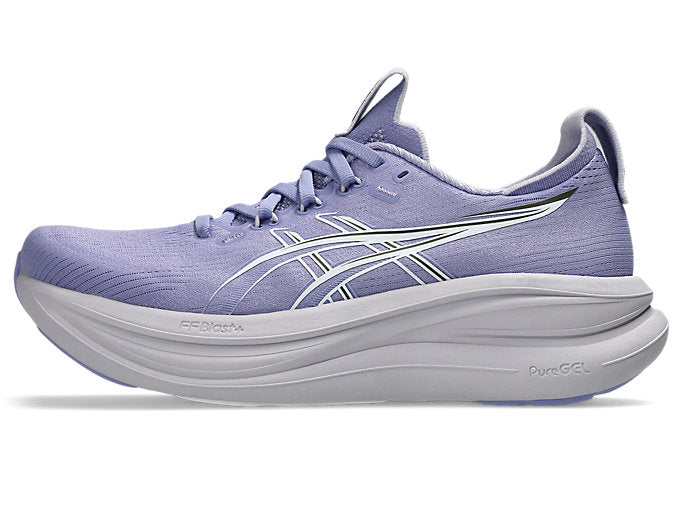 ASICS Gel Nimbus 28 running shoe in dahlia purple and white colorway