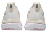 Asics Gel Kayano 33 running shoes in white with hazy lilac accents, rear view