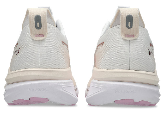 Asics Gel Kayano 33 running shoes in white with hazy lilac accents, rear view