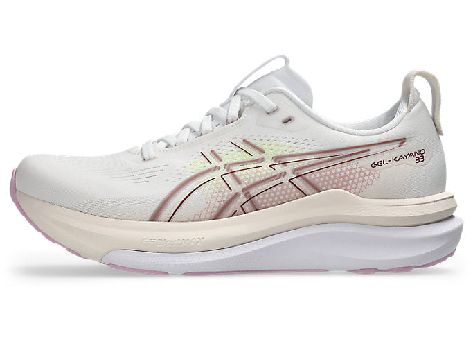 ASICS Gel Kayano 33 running shoe in white with hazy lilac accents