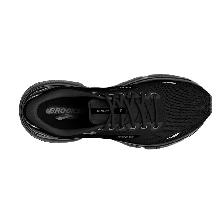 Brooks Ghost 15 men's running shoe in black colorway, top-down view