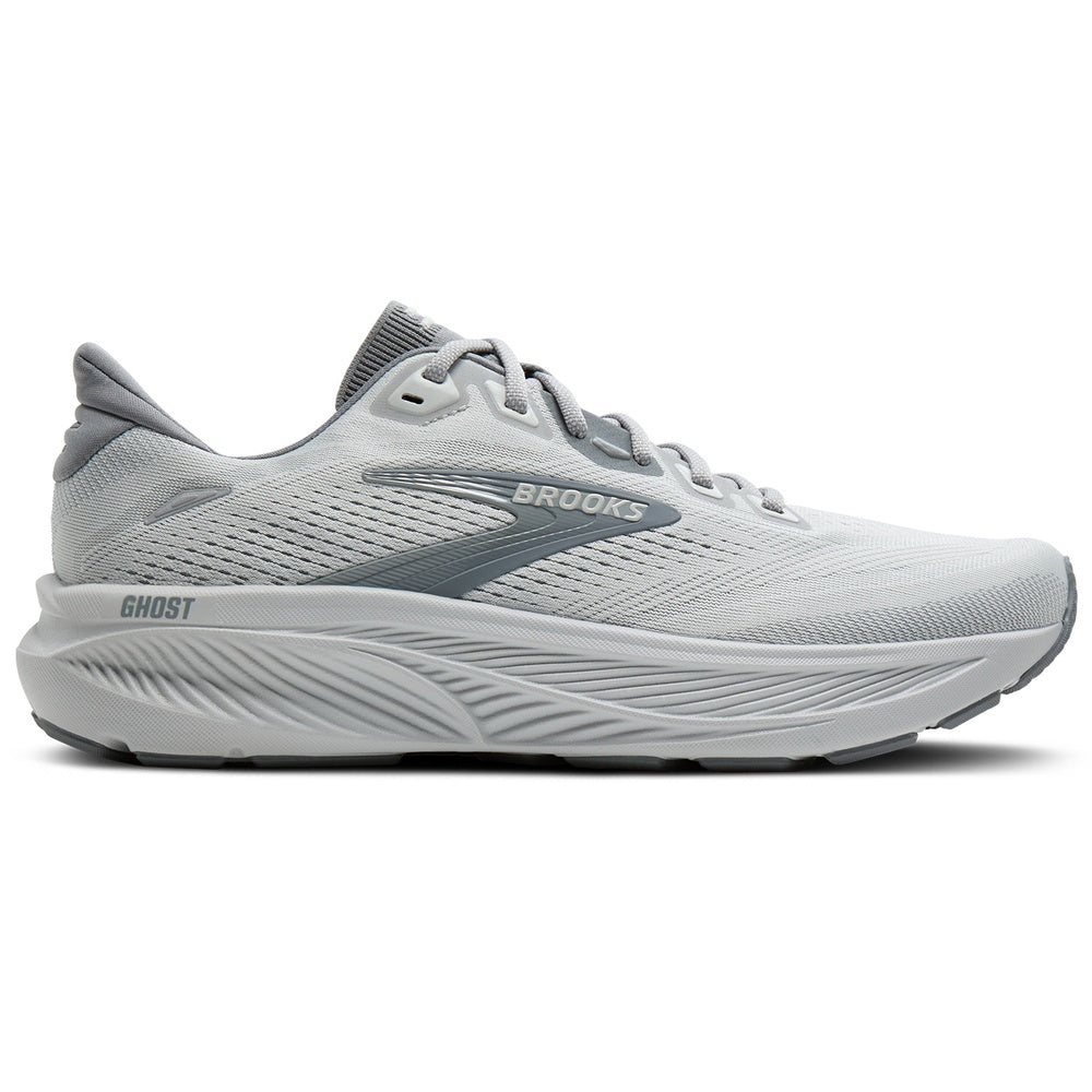 Brooks Ghost 18 running shoe in Primer Grey with lighter oyster upper and grey accents