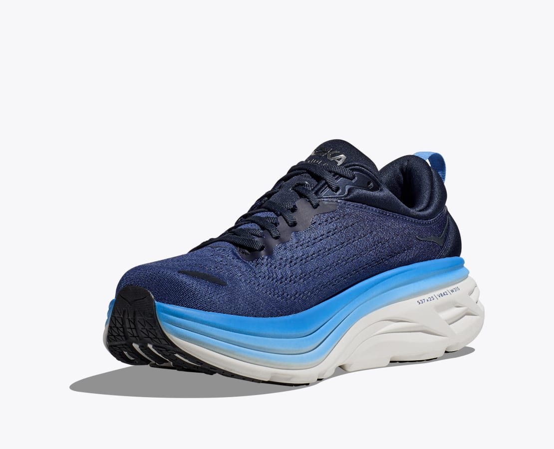 Hoka Bondi 8 men's running shoe in navy blue with blue and white sole