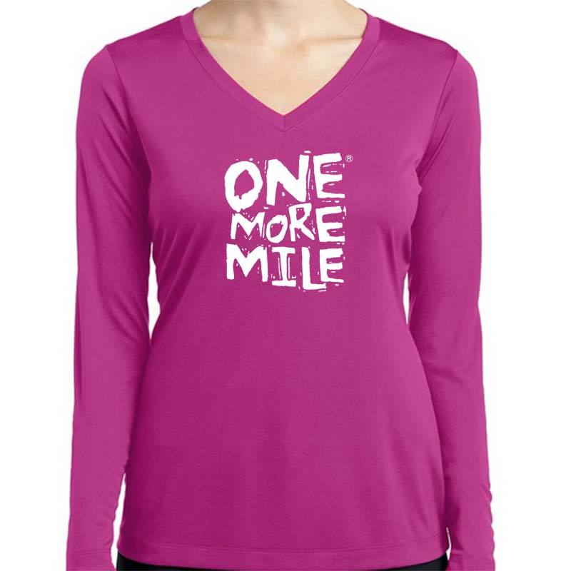 Women's berry pink long sleeve V-neck shirt with white One More Mile graphic print
