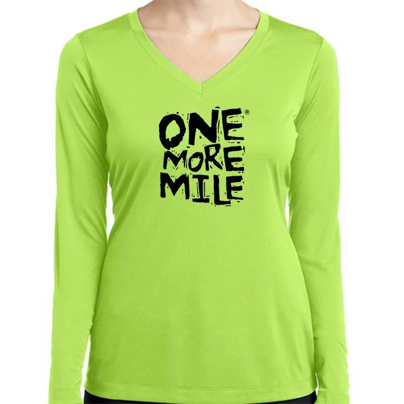 One More Mile neon lime green long sleeve v-neck performance shirt on female model