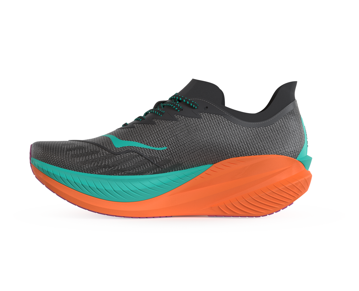 Hoka Mach X 2 women's running shoe in black, electric aqua, and orange colorway