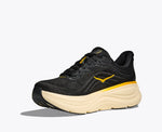 Hoka Bondi 9 men's running shoe in black with yellow accents and cream sole