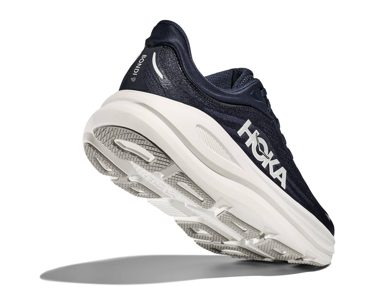 HOKA Bondi 9 running shoe in navy blue with thick white midsole, rear view