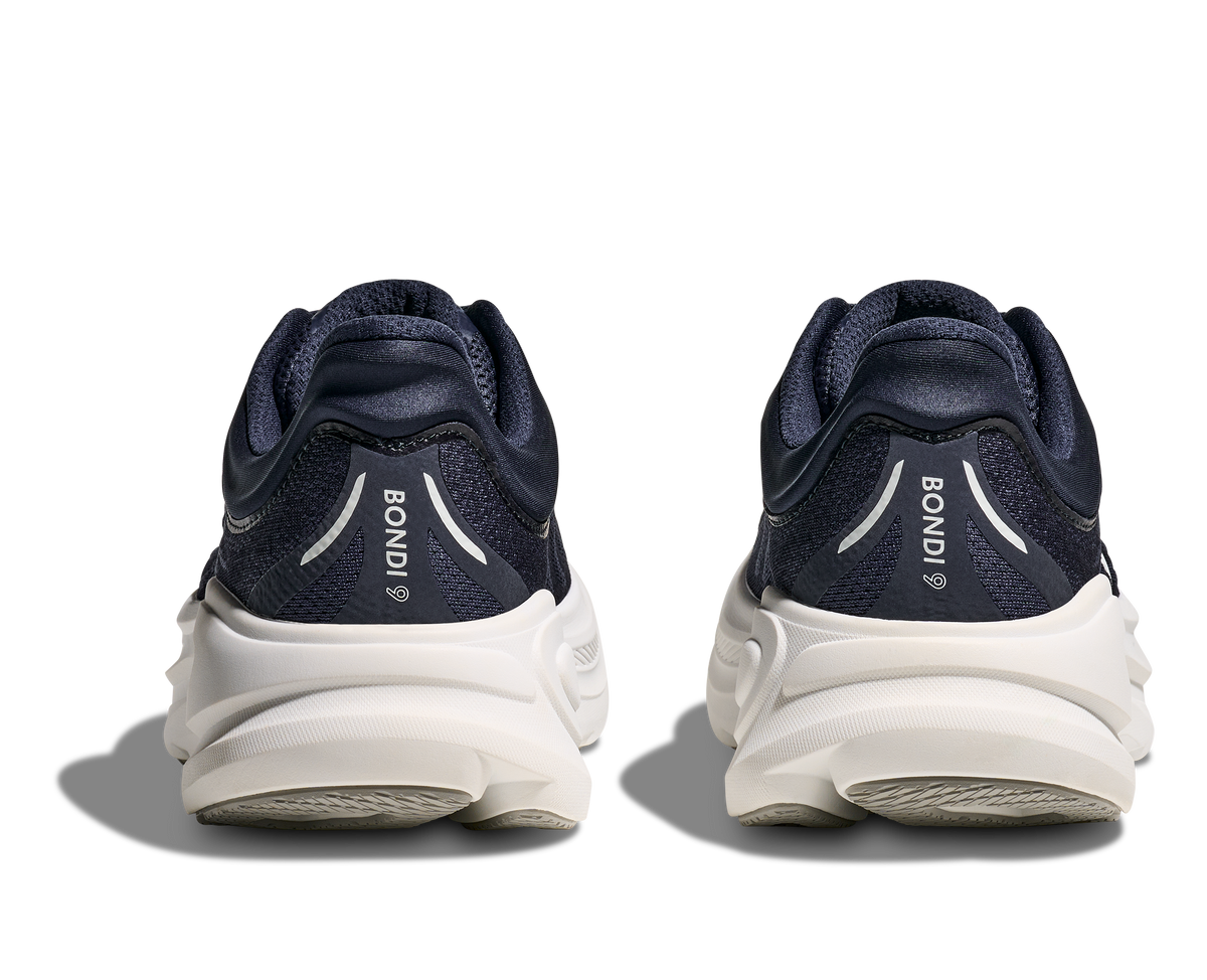 Hoka Bondi 9 running shoes in varsity navy with white midsole, rear view pair