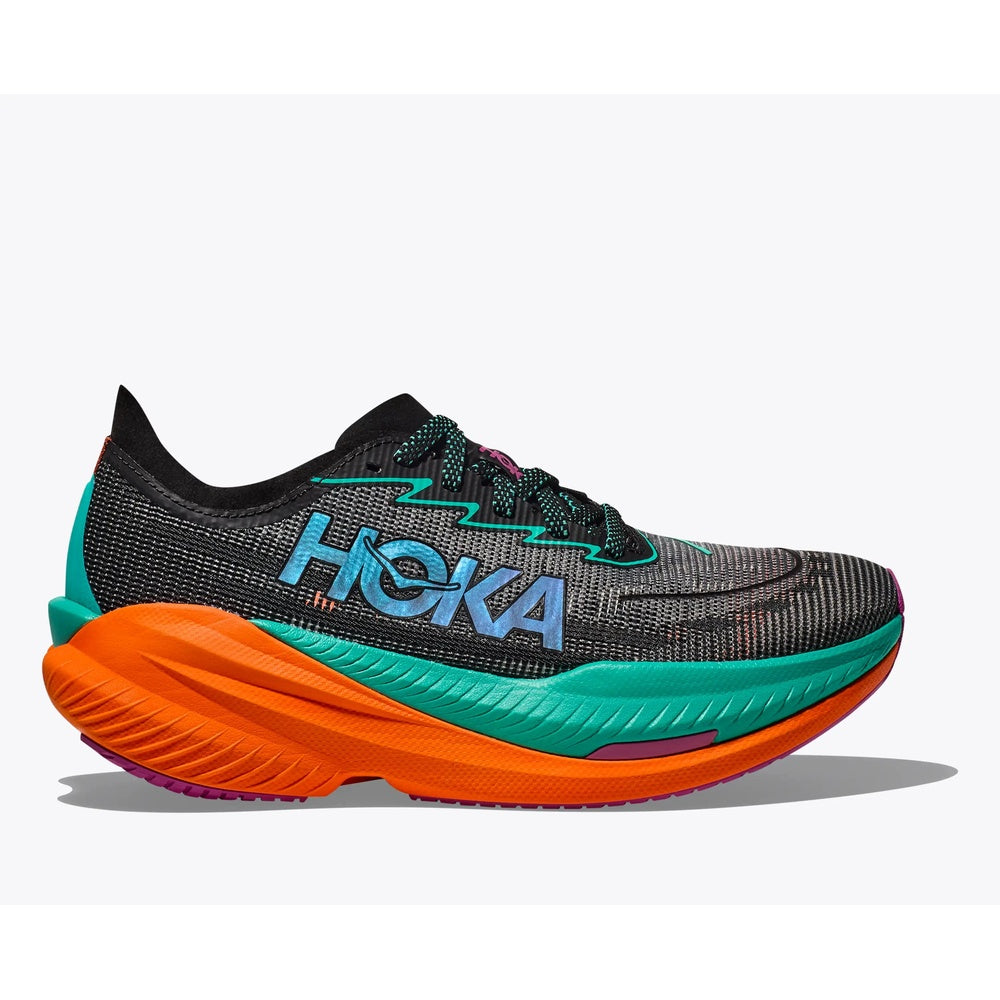 HOKA Mach X 2 women's running shoe in black with electric aqua accents