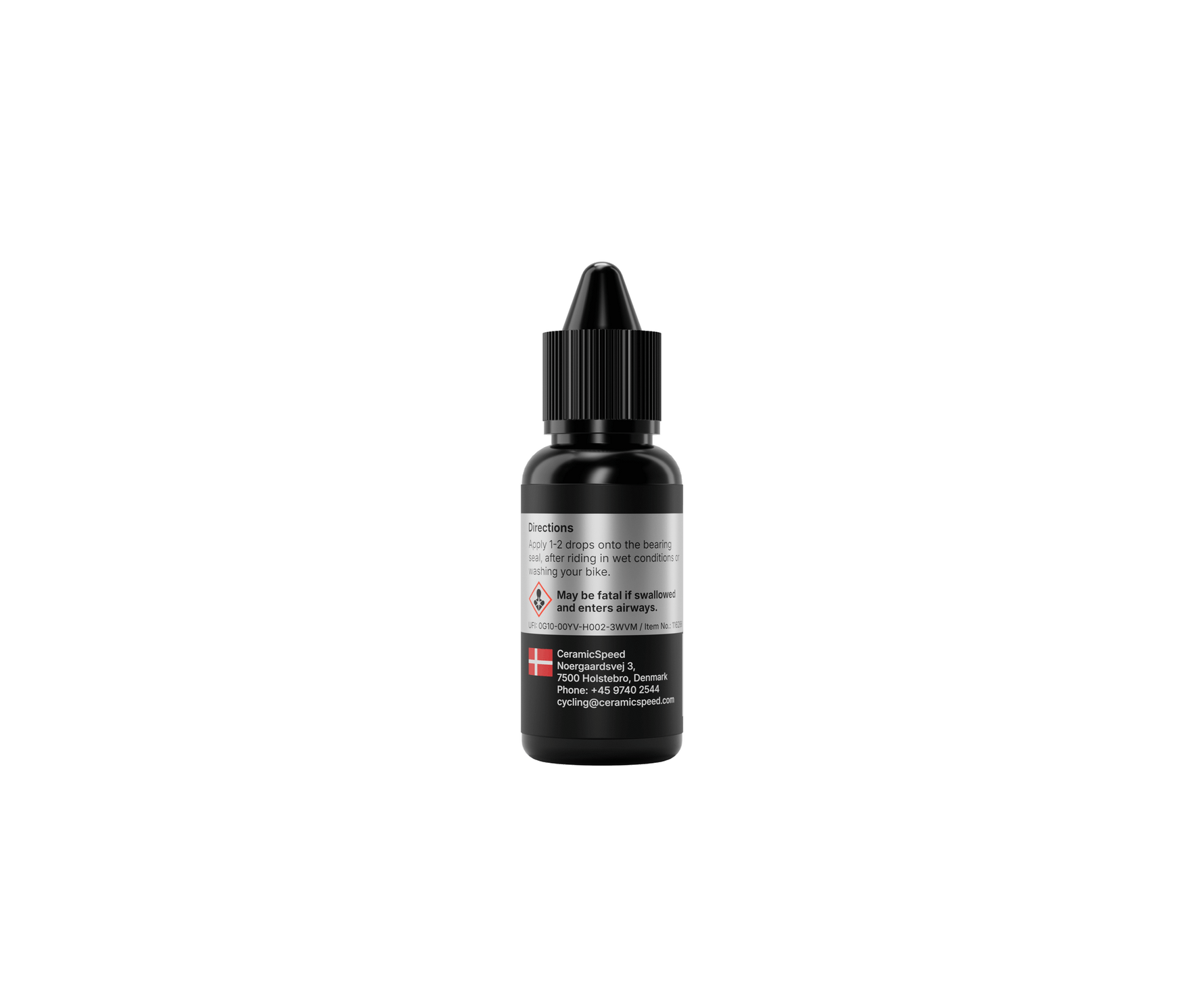 CeramicSpeed UFO Tech bearing oil in black 15ml dropper bottle on white background