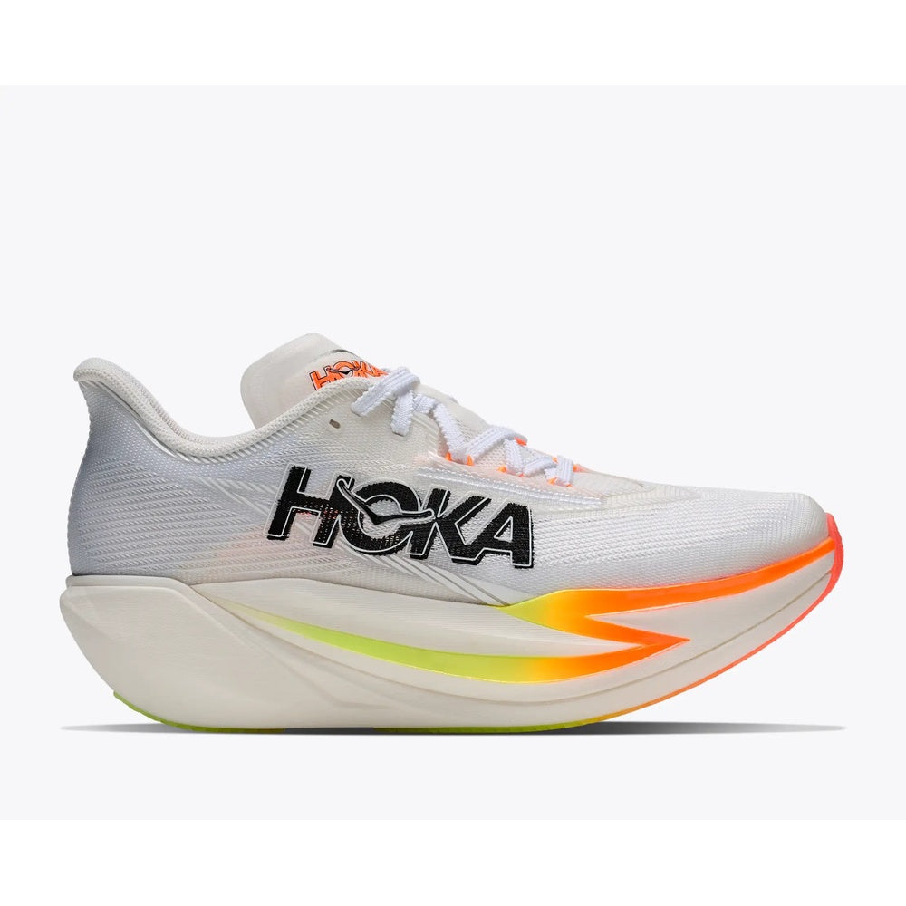 HOKA Cielo X1 3.0 running shoe in white and frost with black branding and orange gradient