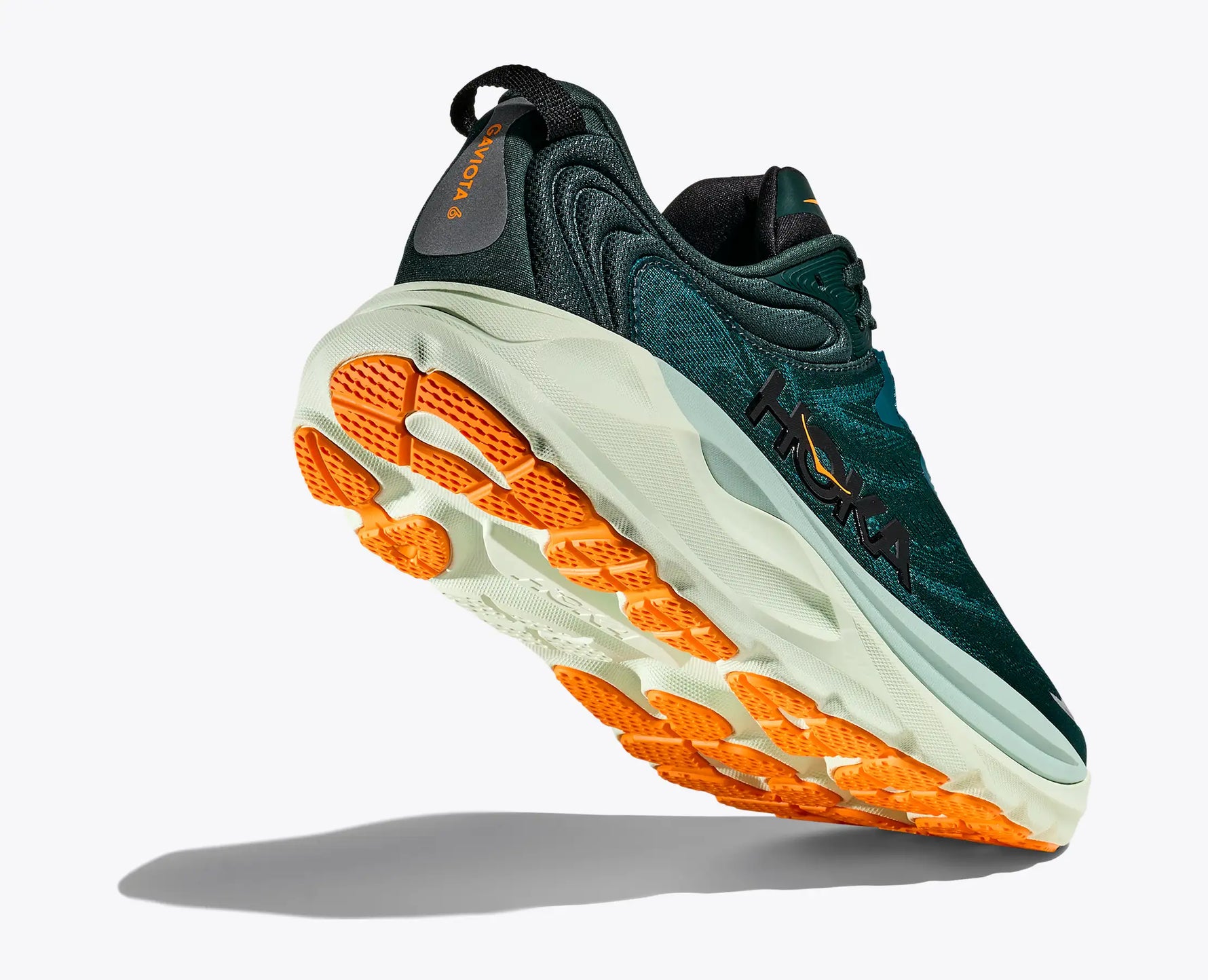 Hoka Gaviota 6 men's running shoe in teal green with orange sole