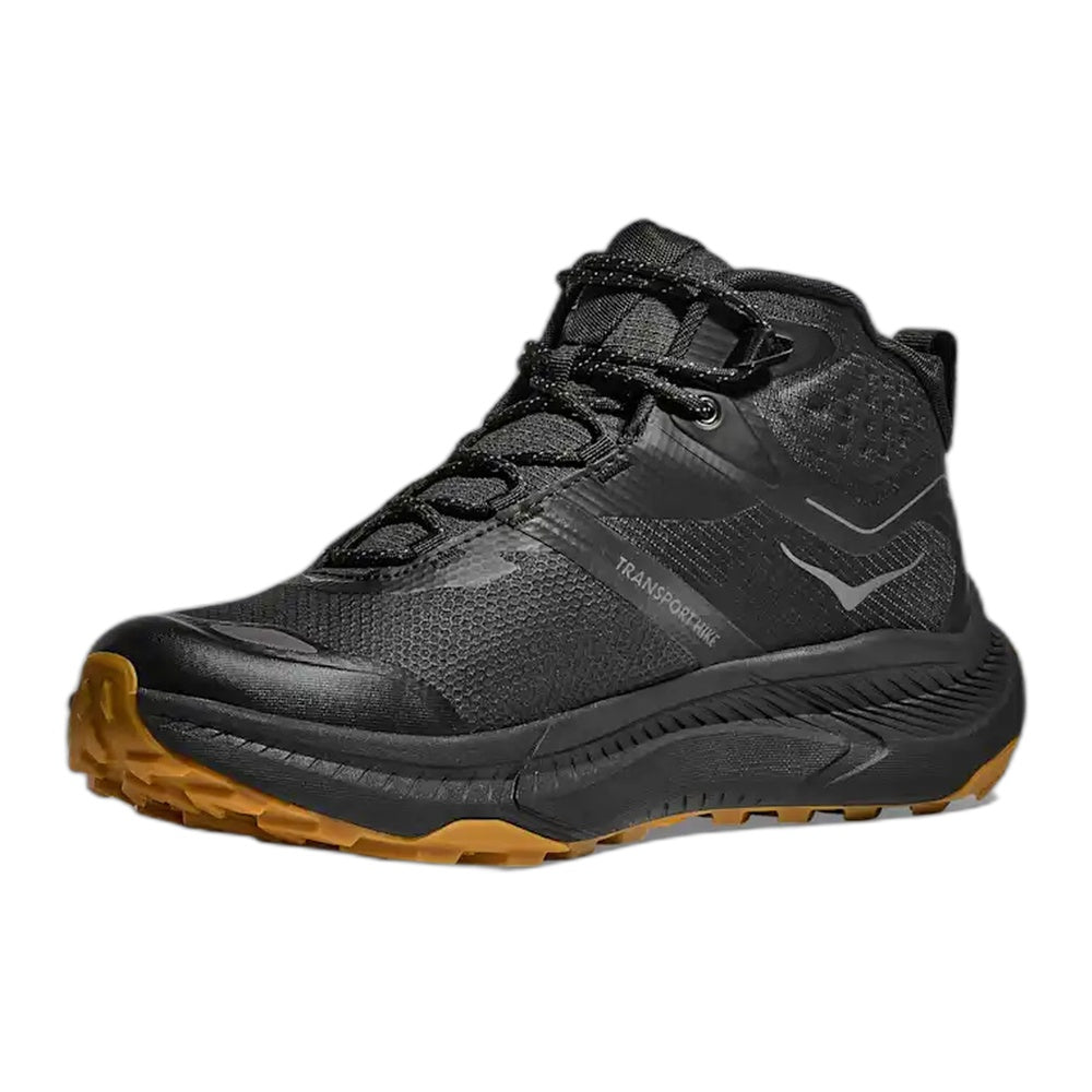 Hoka Transport Hike GTX mid-cut hiking boot in black with gum outsole