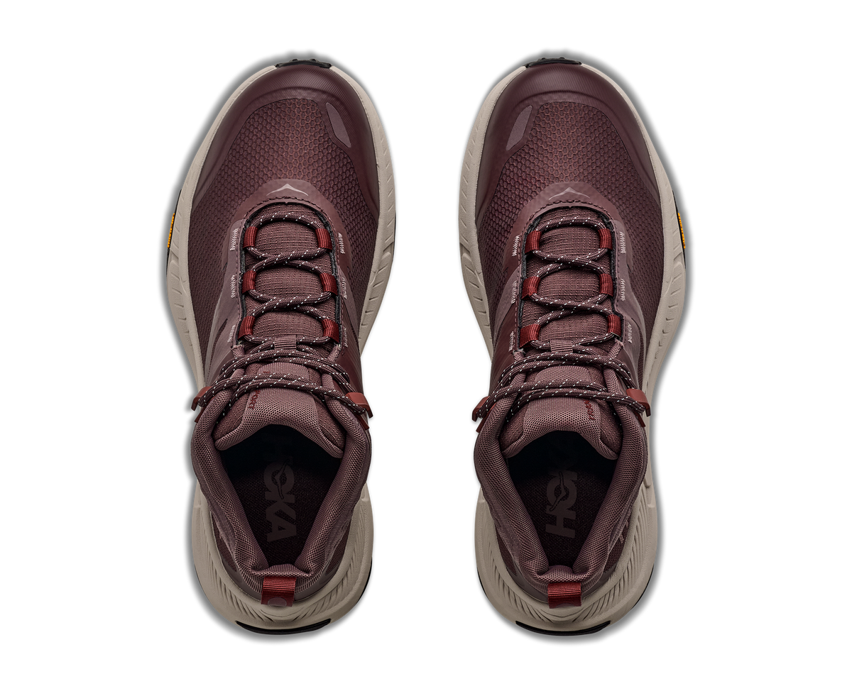 Top-down view of pair of Hoka Transport Hike GTX boots in deep mauve showing lacing system
