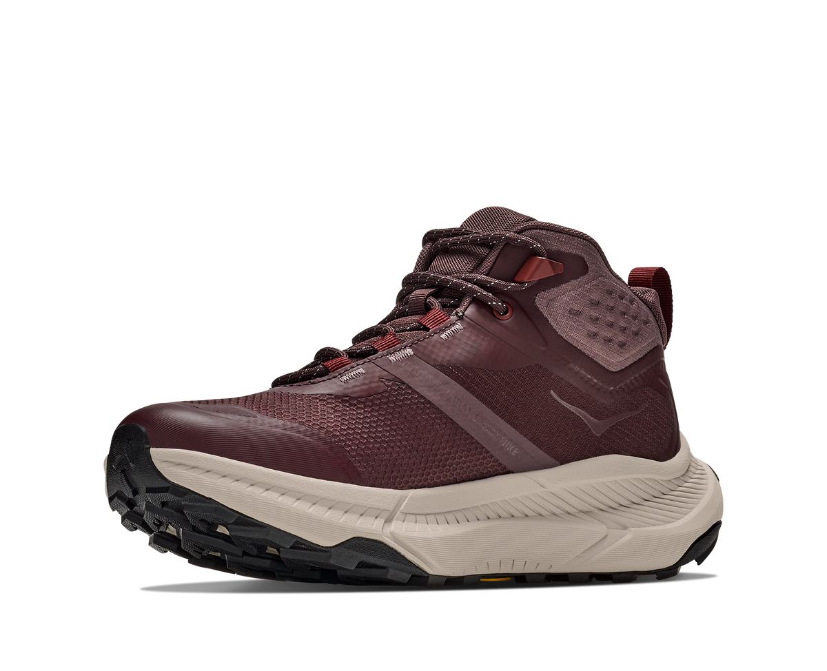 Hoka Transport Hike GTX mid boot in deep mauve, medial side view on white background
