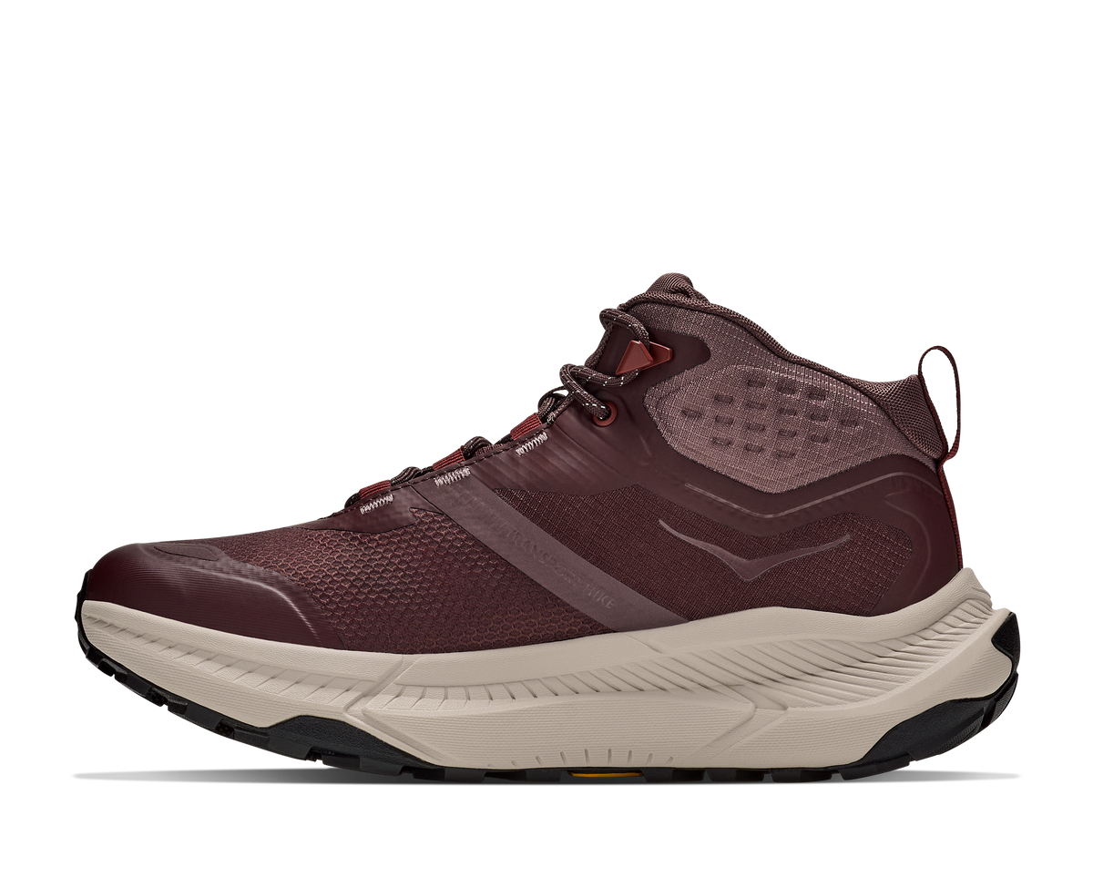 Hoka Transport Hike GTX hiking boot lateral view in deep mauve with tan midsole