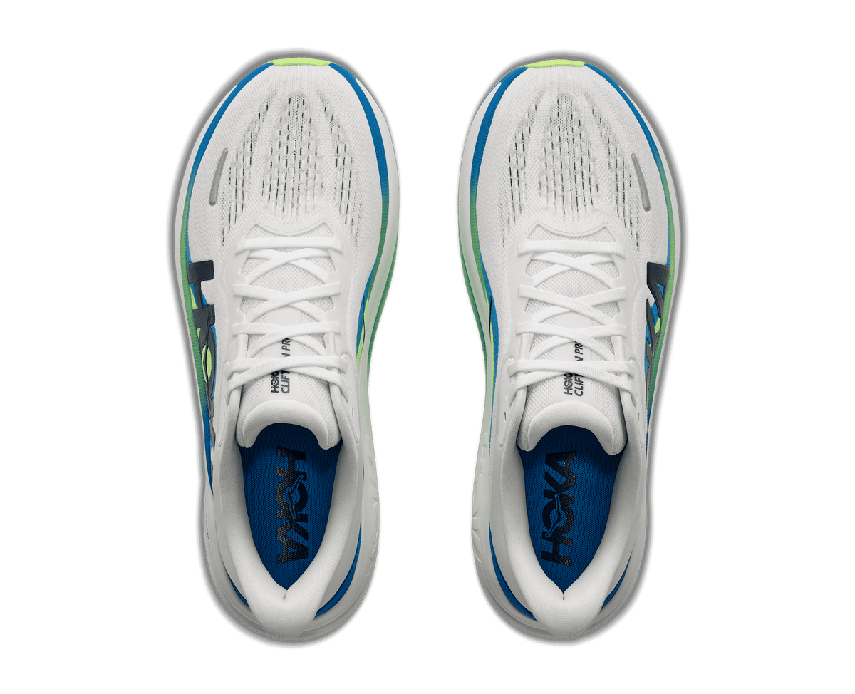 Top-down view of pair of Hoka Clifton Pro shoes in Frost and Virtual Blue