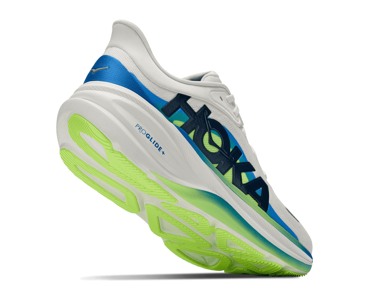 Hoka Clifton Pro shoe angled rear-lateral view showing PROGLIDE+ midsole and neon outsole