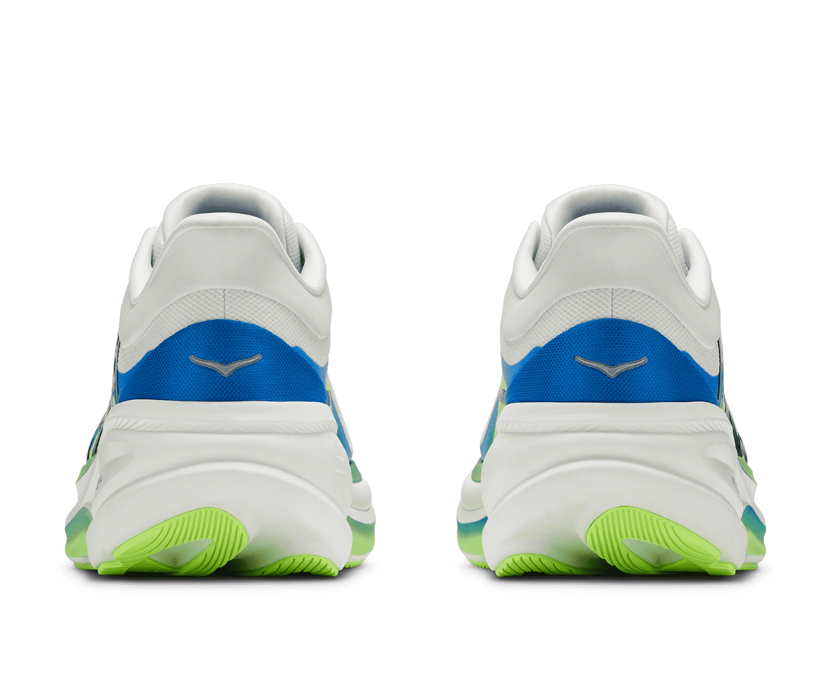 Rear view of Hoka Clifton Pro pair showing white heel, blue stripe, and neon green outsole