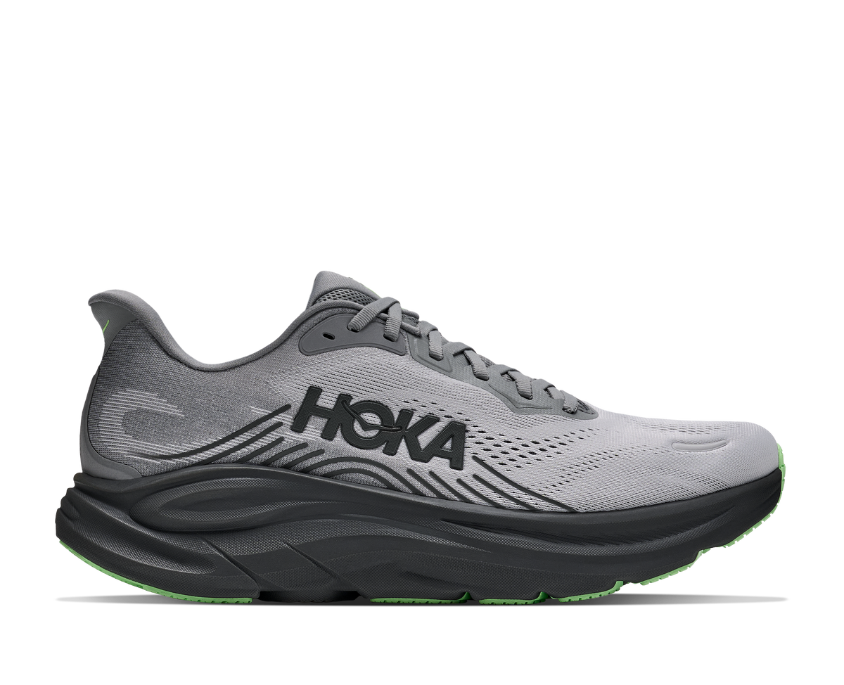 HOKA Clifton 11 running shoe lateral side view showing grey upper and black midsole