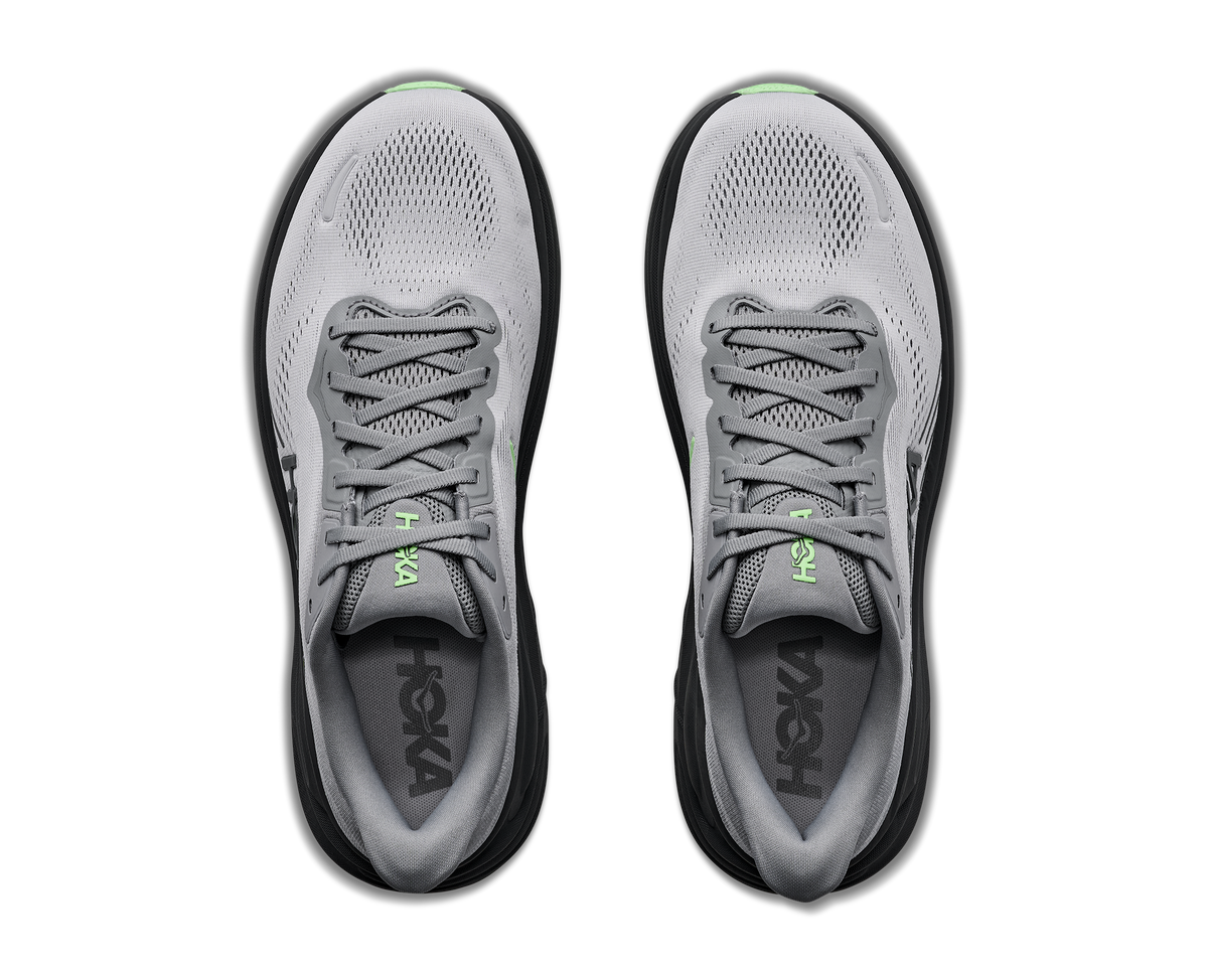 Top-down view of pair of HOKA Clifton 11 running shoes in grey colorway