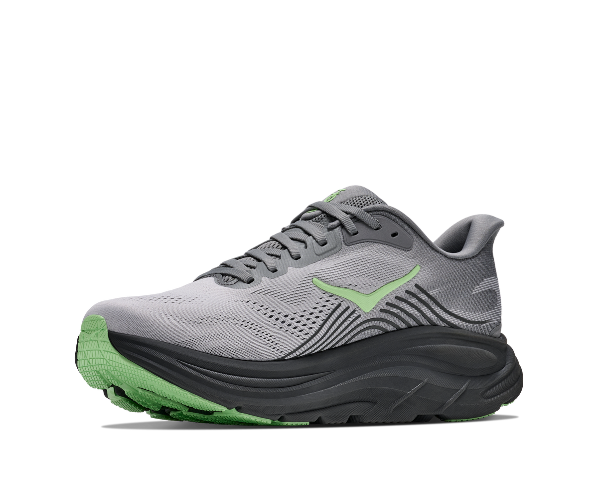HOKA Clifton 11 running shoe in grey with green accent, medial three-quarter view