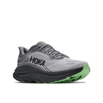 HOKA Clifton 11 running shoe in grey and black with green outsole, lateral view