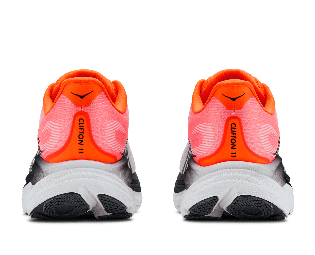 HOKA Clifton 11 pair shown from rear, displaying neon tangerine heel and CLIFTON 11 branding
