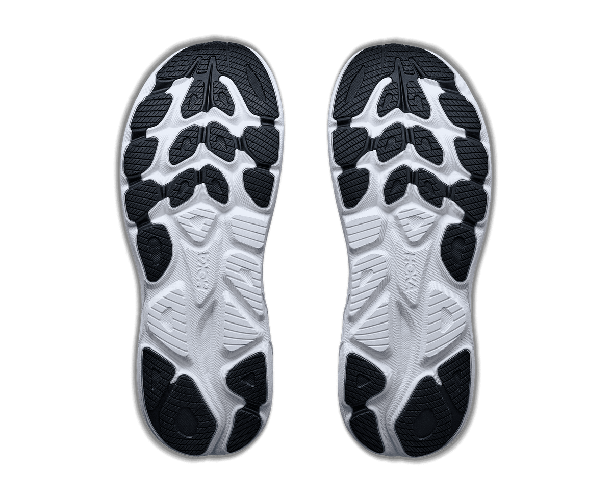 HOKA Clifton 11 outsole view showing black and white rubber traction pattern for both shoes