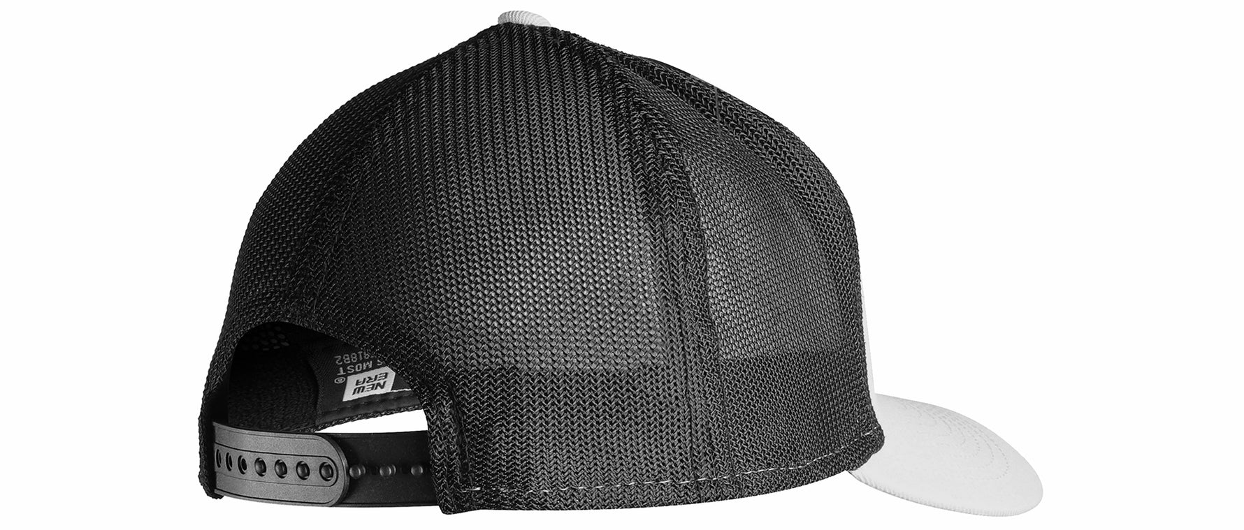 Specialized New Era Stoke Trucker Hat in charcoal with white visor, side profile view