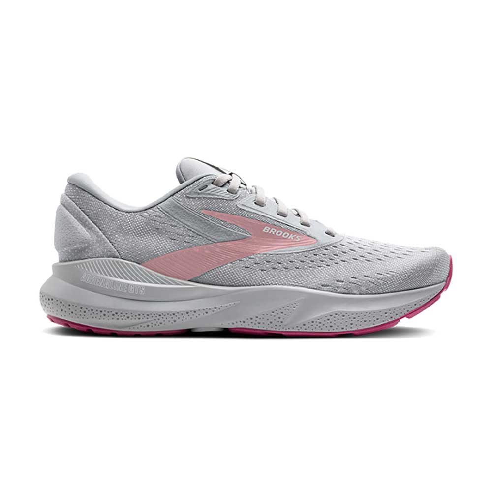 Brooks Adrenaline GTS 24 women's running shoe in alloy grey and pink colorway