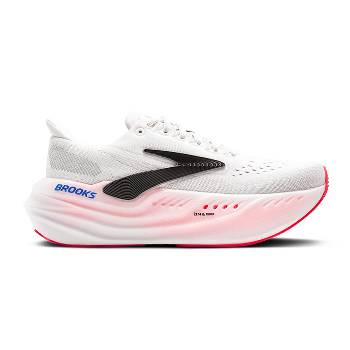 Brooks Glycerin Max women's running shoe in white with black swoosh and pink accents