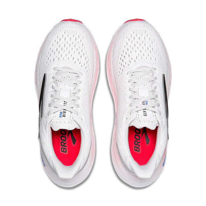 Brooks Glycerin Max women's running shoes in white with black swoosh and pink accents