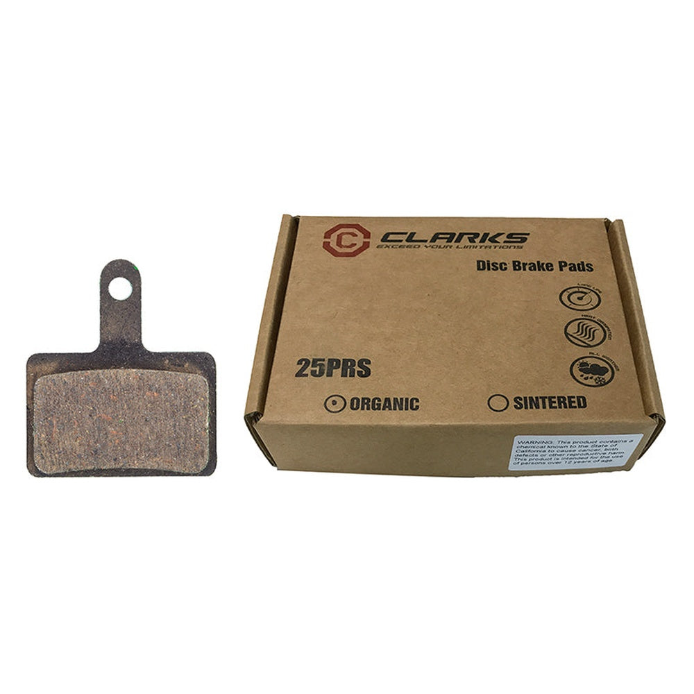 Clarks 25PRS organic disc brake pads shown with brown cardboard packaging box